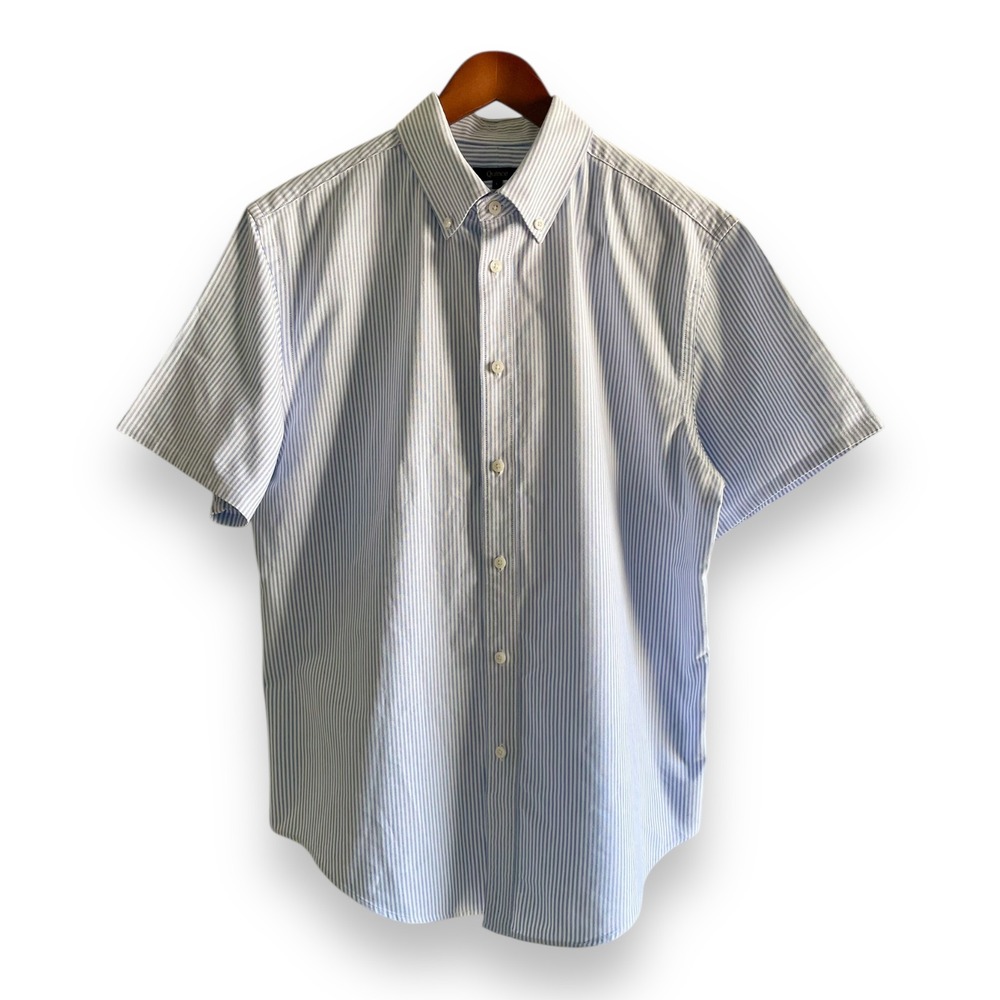 Quince Mens Large Blue White Striped Short Sleeve Organic Cotton Button Down